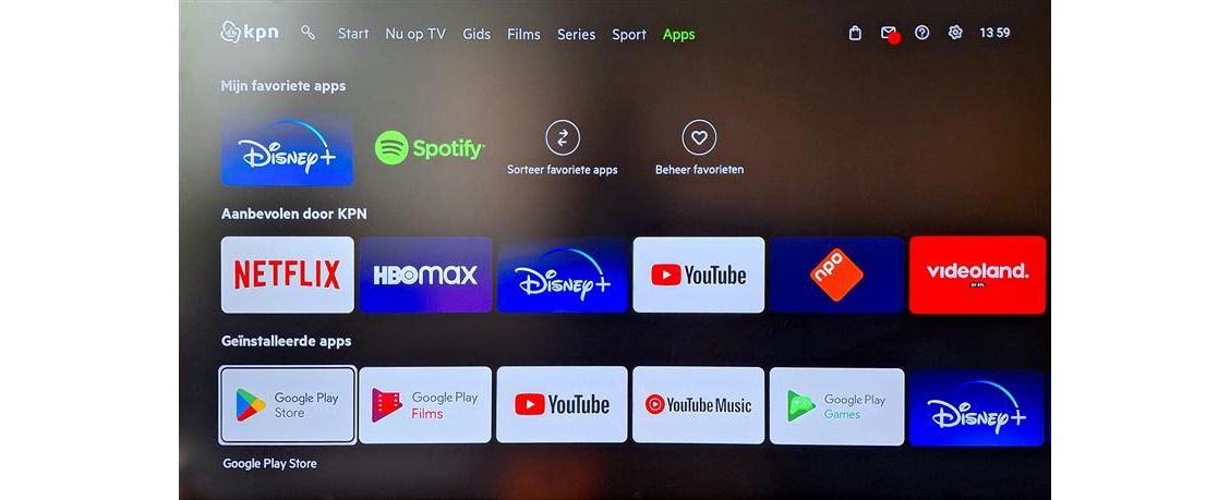 KPN TV+ Box Apps overzicht met Google Play Store app