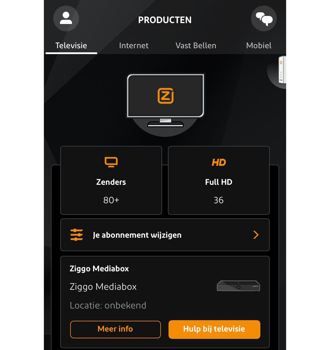 Scherm 'Hulp bij televisie' in de Mijn Ziggo app