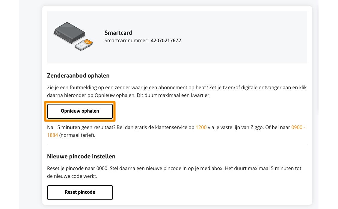 Optie 'Zender ophalen' in Mijn Ziggo