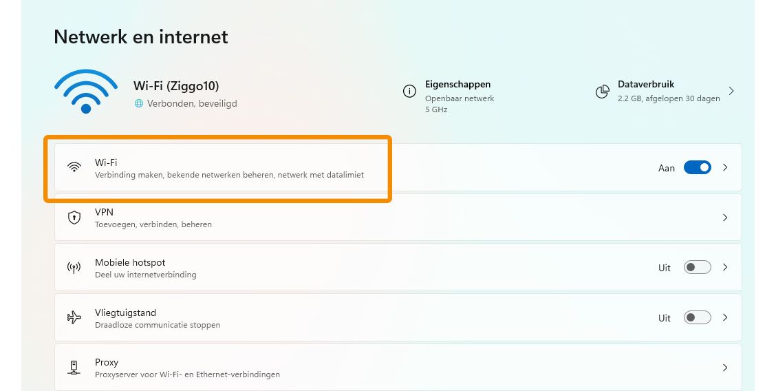 wifi-netwerk eigenschappen